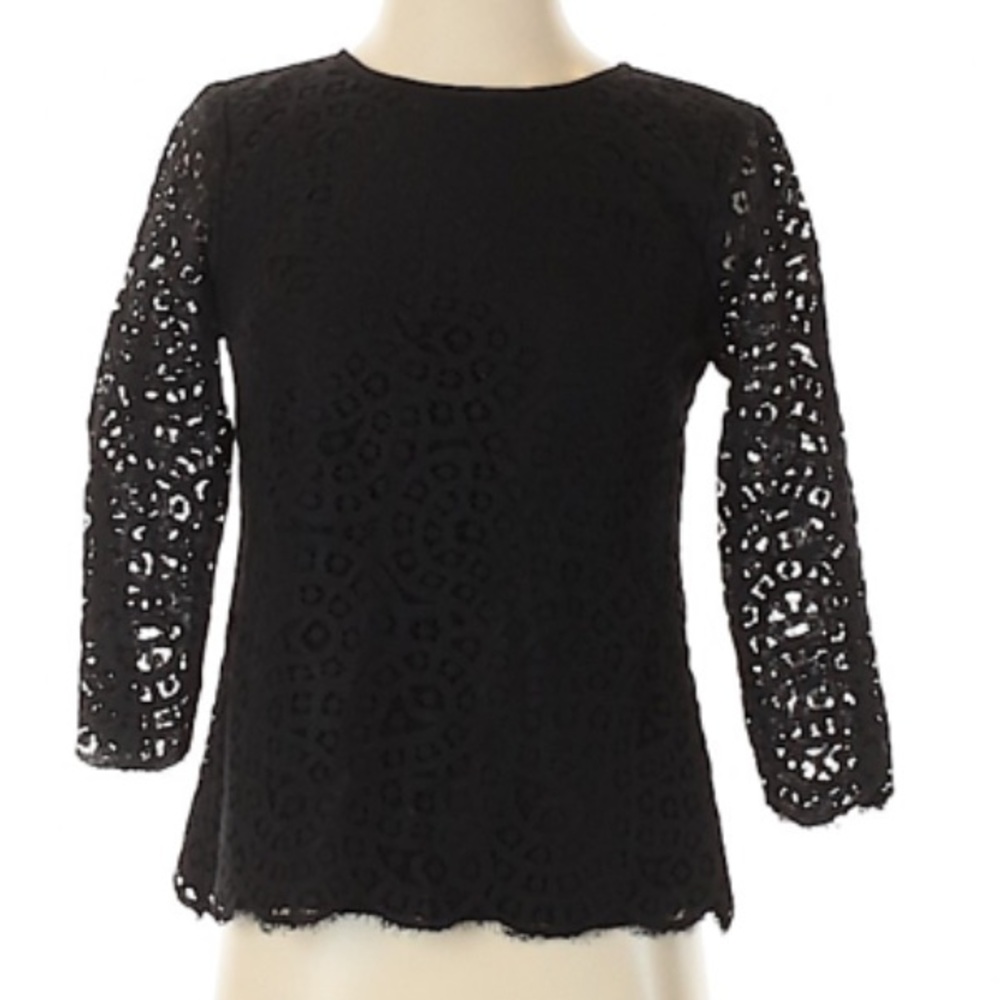 JCrew Black Floral Lace 3/4 Sleeve Top Blouse Sheer Overlay Scalloped Hem Size 4